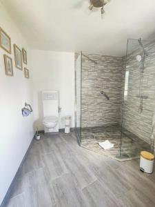 a bathroom with a glass shower and a toilet at Émeraude in Penmarch