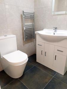uma casa de banho com um WC branco e um lavatório. em The Yew Studio - Self contained one bed studio flat with parking em Oxford