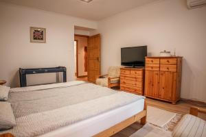 um quarto com uma cama e uma televisão de ecrã plano em Your Apartment em Makó