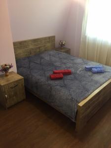 Una cama con dos almohadas rojas y azules. en Mate Private Rooms, en Ushguli