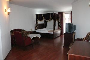 a room with a bedroom with a bed and a tv at Hotel Ritsa in Batumi