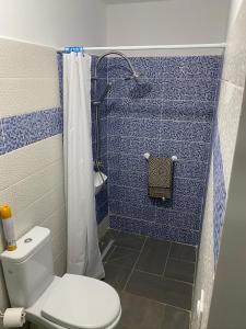 een badkamer met een toilet en een blauwe betegelde douche bij Villa Mahault in Petit-Bourg