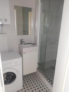 een witte badkamer met een wastafel en een wasmachine bij Trzy pokoje nad Motlawa in Gdańsk