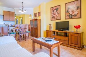 salon z kanapą, telewizorem i stołem w obiekcie Bonito apartamento Piscina Wifi w mieście Frigiliana
