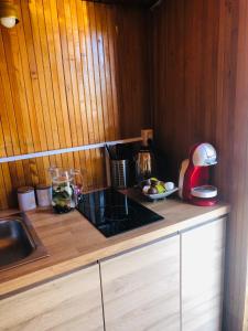 a kitchen with a counter with a sink and a mixer at Ežerų glėby in Zarasai +46 photos