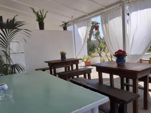 eine Gruppe von Tischen und Bänken in einem Raum mit Pflanzen in der Unterkunft Casa Vacanza Fiorella in Torre dell'Orso