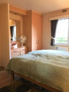 een slaapkamer met een bed, een dressoir en een raam bij Prachtige Luxe chalet op de Veluwe nabij Hoenderloo in Hoenderloo