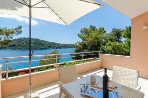 a patio with a table and chairs and a view of the water at Pine Tree Apartment Zanetic in Blato