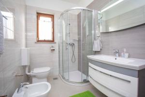 a bathroom with a shower and a toilet and a sink at Apartmani Marica in Plomin +16 photos