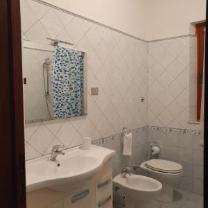 ein Badezimmer mit einem Waschbecken, einem WC und einem Spiegel in der Unterkunft Casa Magnolia in Arena Metato