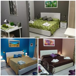 two pictures of a bedroom with two beds and a table at Etna En Vie in Zafferana Etnea