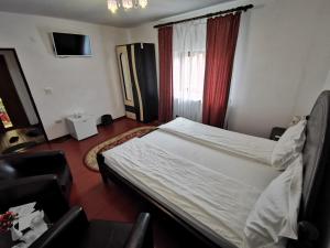 a hotel room with a bed and a window at Pensiunea Eden in Curtea de Argeş +24 photos