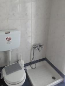 a small bathroom with a toilet and a shower at Studio next to the main Square in Zagora