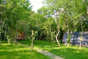 a house in the middle of a field with trees at Glamping Dragonja River in Šmarje