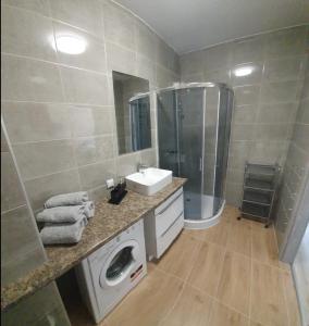 a bathroom with a sink and a shower and a washing machine at Cozy Apartment Gdynia in Gdynia +10 photos
