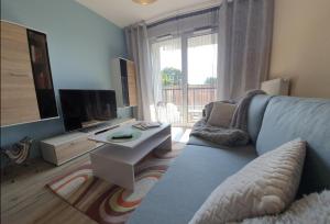 - un salon avec un canapé et une télévision dans l'établissement Cozy Apartment Gdynia, à Gdynia