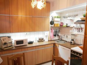cocina con armarios de madera, fregadero y microondas en Highland Apartment en Budapest