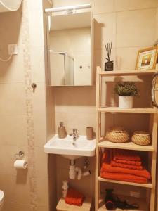 a bathroom with a sink and a mirror at Orange Studio in Juodkrantė