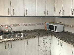 a kitchen with a sink and a microwave on a counter at Apartamentos turísticos CHUS in A Coruña