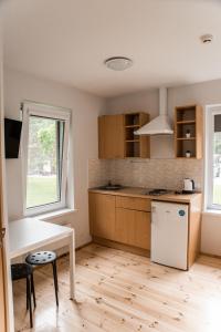 a kitchen with wooden cabinets and a white refrigerator at Camping & Camper place Pasvalys in Pasvalys