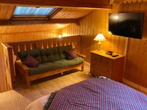 a bedroom with a couch and a television in a room at Le Battieu in Samoëns