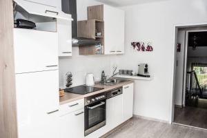 a white kitchen with a sink and a stove at Apartment PourinGraz für Kunst- und Tennisliebhaber in Graz