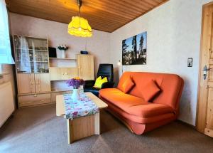 a living room with an orange chair and a table at SONNENGLÜCK am Waldrand Fränkische Schweiz in Gößweinstein +9 photos