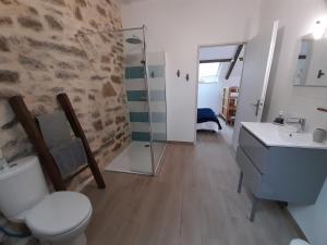 Péaule的住宿－Ty Sau Hiol, La Moniclair，浴室配有卫生间、盥洗盆和淋浴。