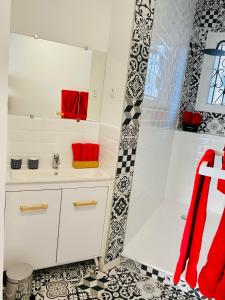 a bathroom with a white sink and a shower at L'Escale Catalane, 50m de la plage, 36m2, parking in Canet-en-Roussillon