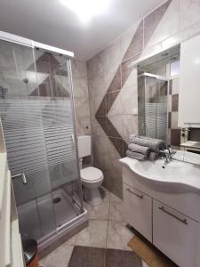 a bathroom with a shower and a sink and a toilet at Apartments VillaMare in Grebaštica