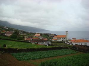 ラジェス・ド・ピコにあるCasa das Pedras Altasの海を背景にした丘の上の村