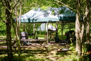 South BarrowDGG Woodland Escape的帐篷,配有野餐桌和椅子