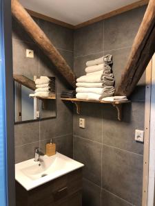 ein Badezimmer mit einem Waschbecken, einem Spiegel und Handtüchern in der Unterkunft B&B De Pauw - Country Home Cooking in Graft