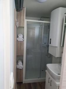 a bathroom with a shower and a sink at Floating House SENA in Pula