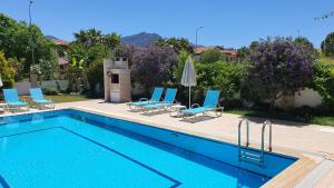 a swimming pool with blue chairs and a swimming pool at Dalyan Villa Amazon in Dalyan