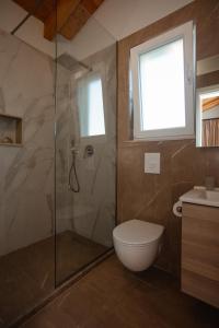 a bathroom with a shower with a toilet and a sink at Premium Villas Resort in Shëngjin +8 photos