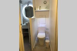 a bathroom with a toilet in a small room at L'orée des Pins TROPICO Appartement T2 en RDC avec terrasse refait à neuf in Lacanau