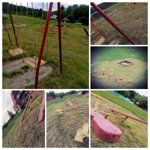 a collage of pictures of a park with a swing at Apartament Wrzos Bieszczady in Czarna