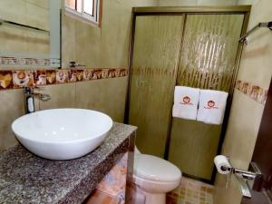 a bathroom with a sink and a toilet and a shower at Cabañas Brisas Alto Boquete in Boquete