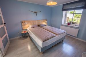 a bedroom with a large bed in a blue room at Apartament na Cysterskim Szlaku in Starzyno