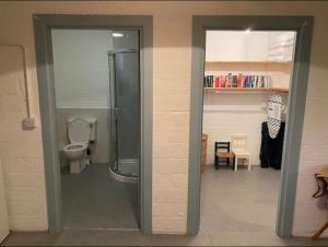 a bathroom with a shower and a toilet at Mill House Studio Apartment in Stranocum