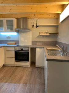 a kitchen with white appliances and a wooden ceiling at Appartment am Königsberg, Lössau in Schleiz