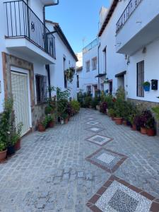 an alley with potted plants and white buildings at Casa Rural Paz in Benarrabá
