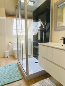 a bathroom with a shower and a sink at ZEN op Vakantie - Zen in de Vlaamse Ardennen Sint Janshoeve 