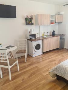 a kitchen with a washing machine and a table at Luca's studio 2 ,Close to Therme Bucharest, Airport Otopeni in Baloteşti