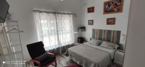 a bedroom with a bed and a chair and a window at Huelintown in Málaga
