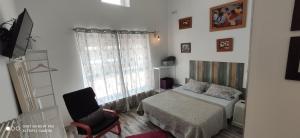 a bedroom with a bed and a chair and a window at Huelintown in Málaga