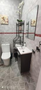 a bathroom with a toilet and a sink and a mirror at Huelintown in Málaga