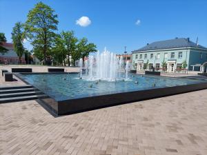 a fountain in a square with ducks in it at Naktakės apartamentai in Kupiškis