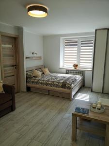 um quarto com uma cama, uma mesa e janelas em Miško studija em Nida